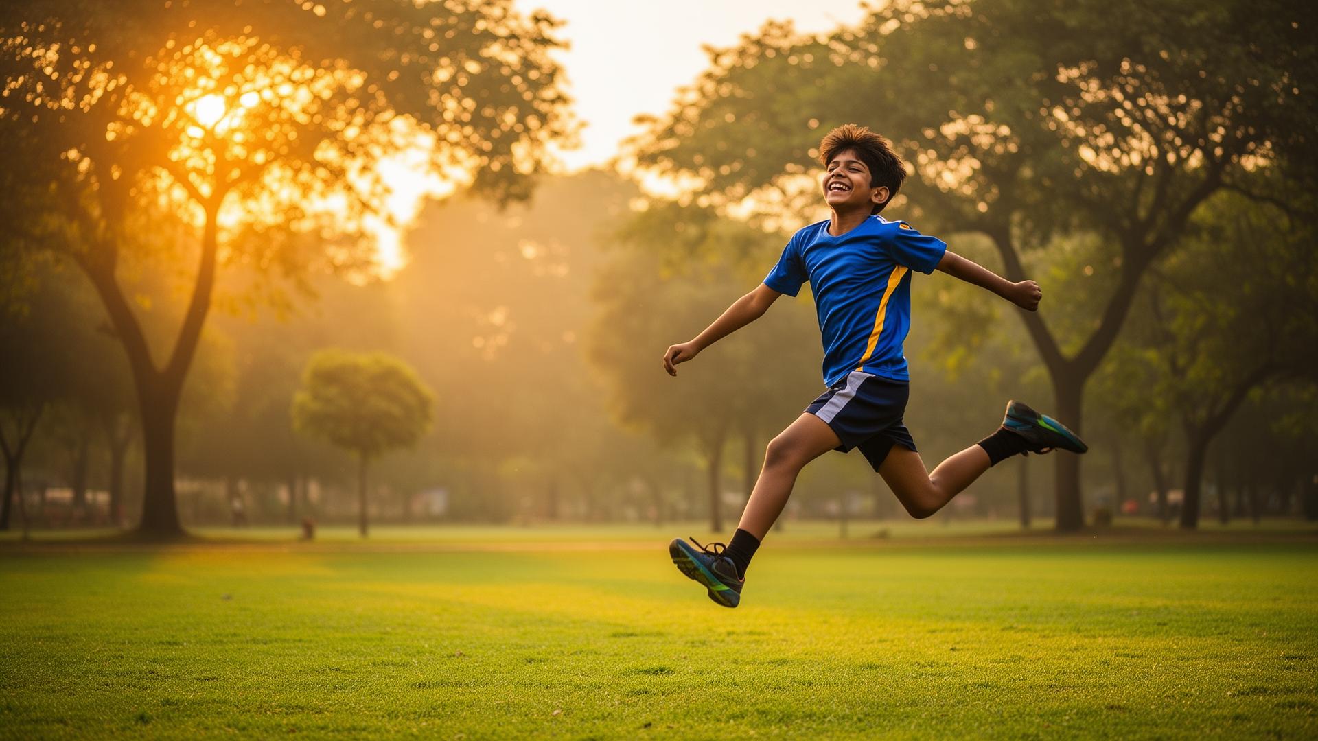 Energetic child leaping joyfully in golden morning light