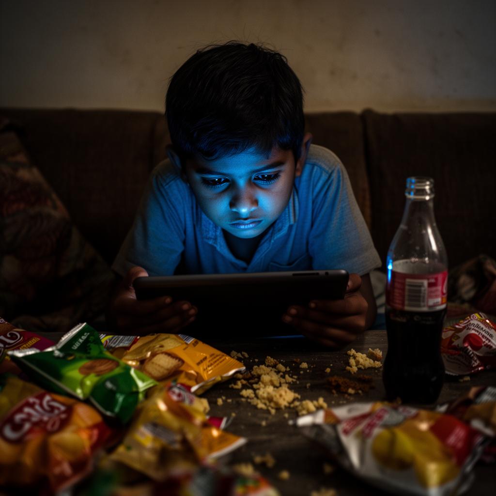 Modern child sedentary lifestyle with junk food